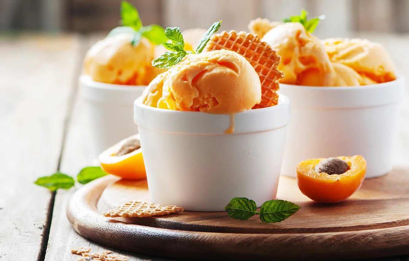 Photo wallpaper ice cream, mint, dessert, waffles, delicious, apricots, Oxana Denezhkina