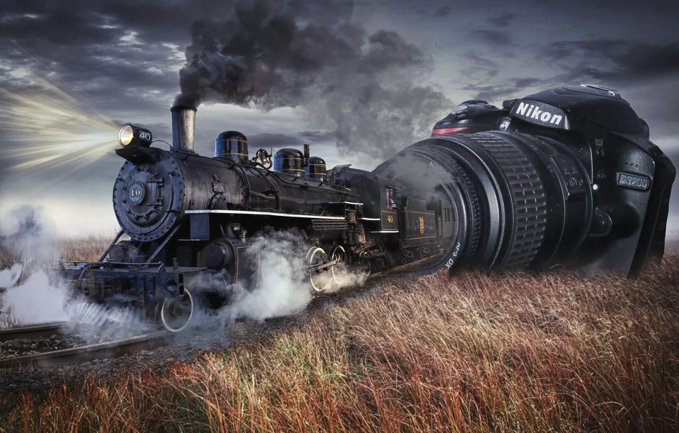 Photo wallpaper the steppe, rendering, collage, smoke, the engine, railroad, the camera, photo manipulation