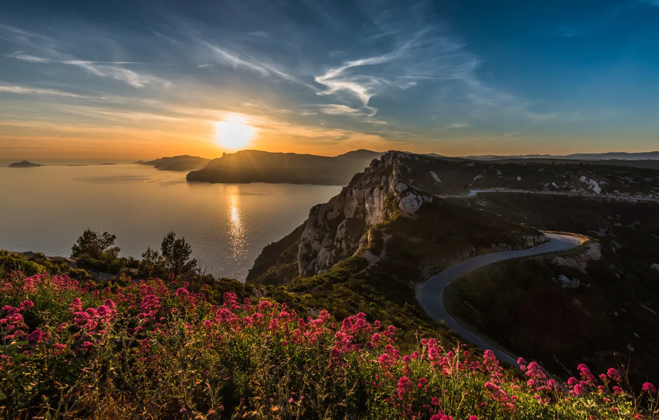 Photo wallpaper road, sea, the sun, rays, landscape, sunset, mountains, nature