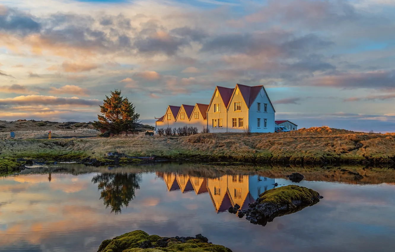 Photo wallpaper lake, houses, Iceland, Iceland