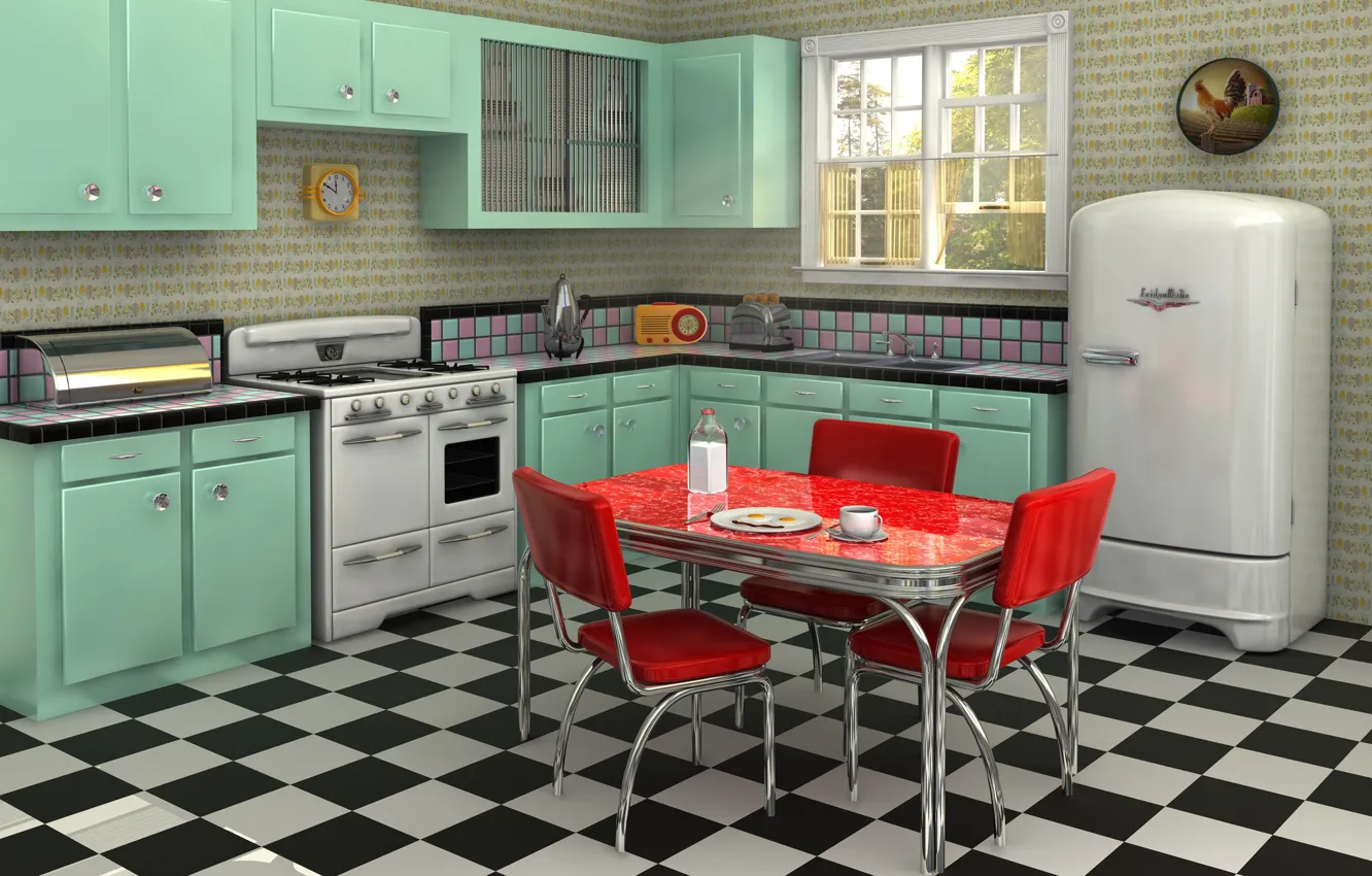 Photo wallpaper design, style, retro, interior, kitchen, Retro style, dining room