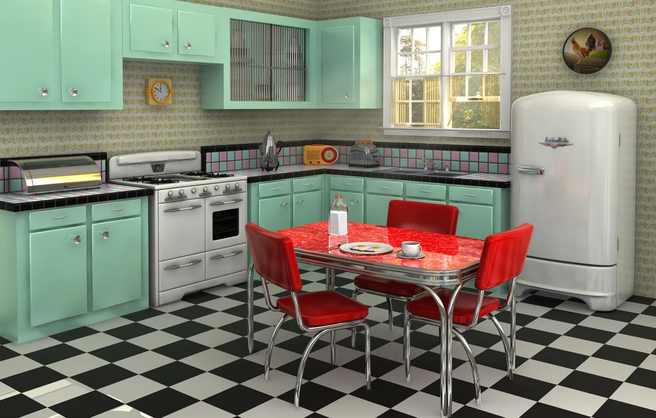 Photo wallpaper design, style, retro, interior, kitchen, dining room, retro style