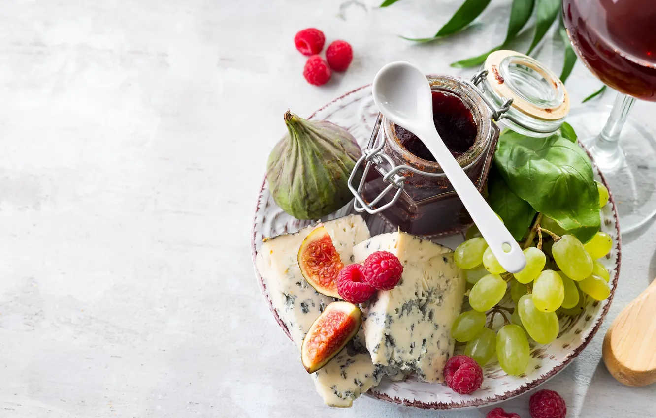 Photo wallpaper raspberry, cheese, grapes, jam, figs
