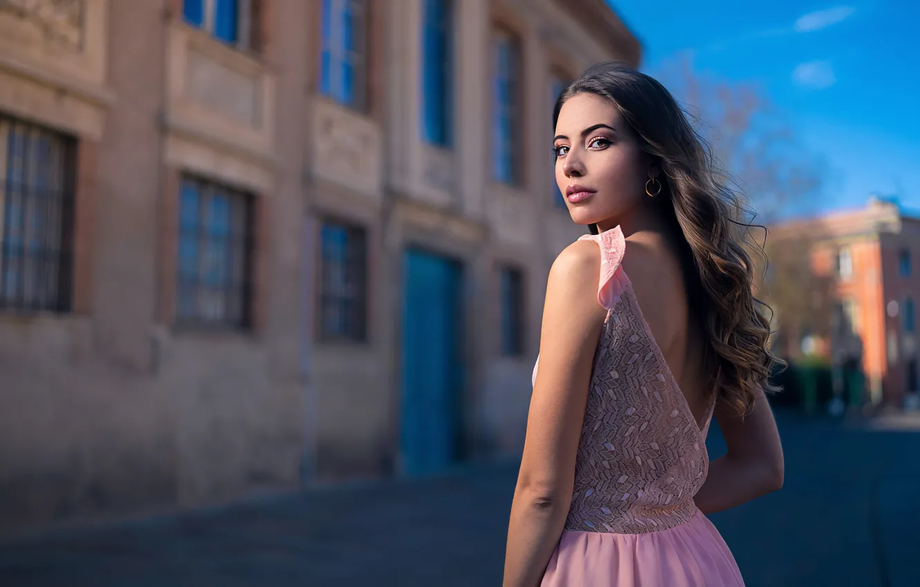 Photo wallpaper look, girl, pose, street, model, the building, dress, brunette