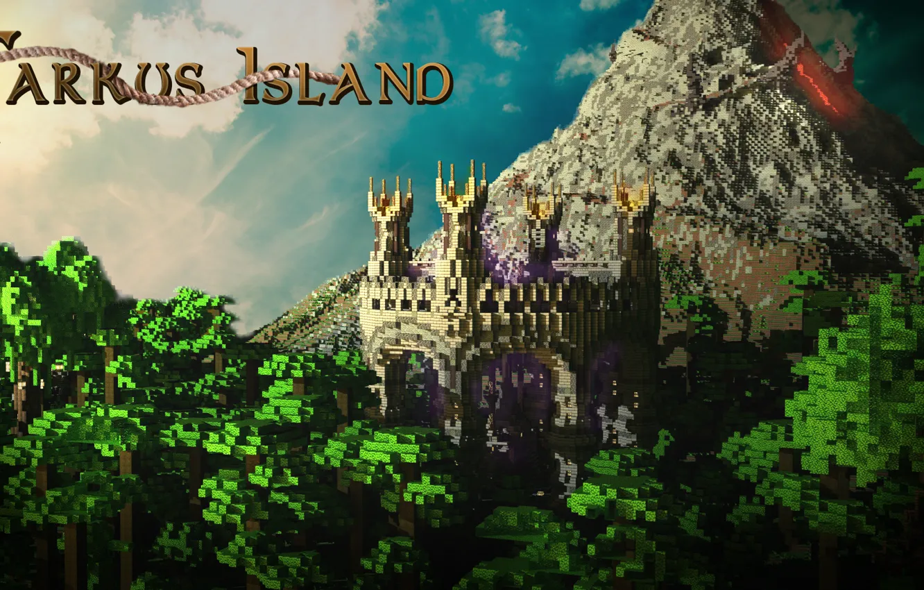 Photo wallpaper forest, the sky, clouds, mountains, castle, the volcano, lava, minecraft