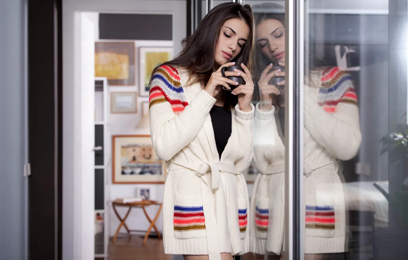 Photo wallpaper girl, long hair, legs, model, mood, face, brunette, reflection