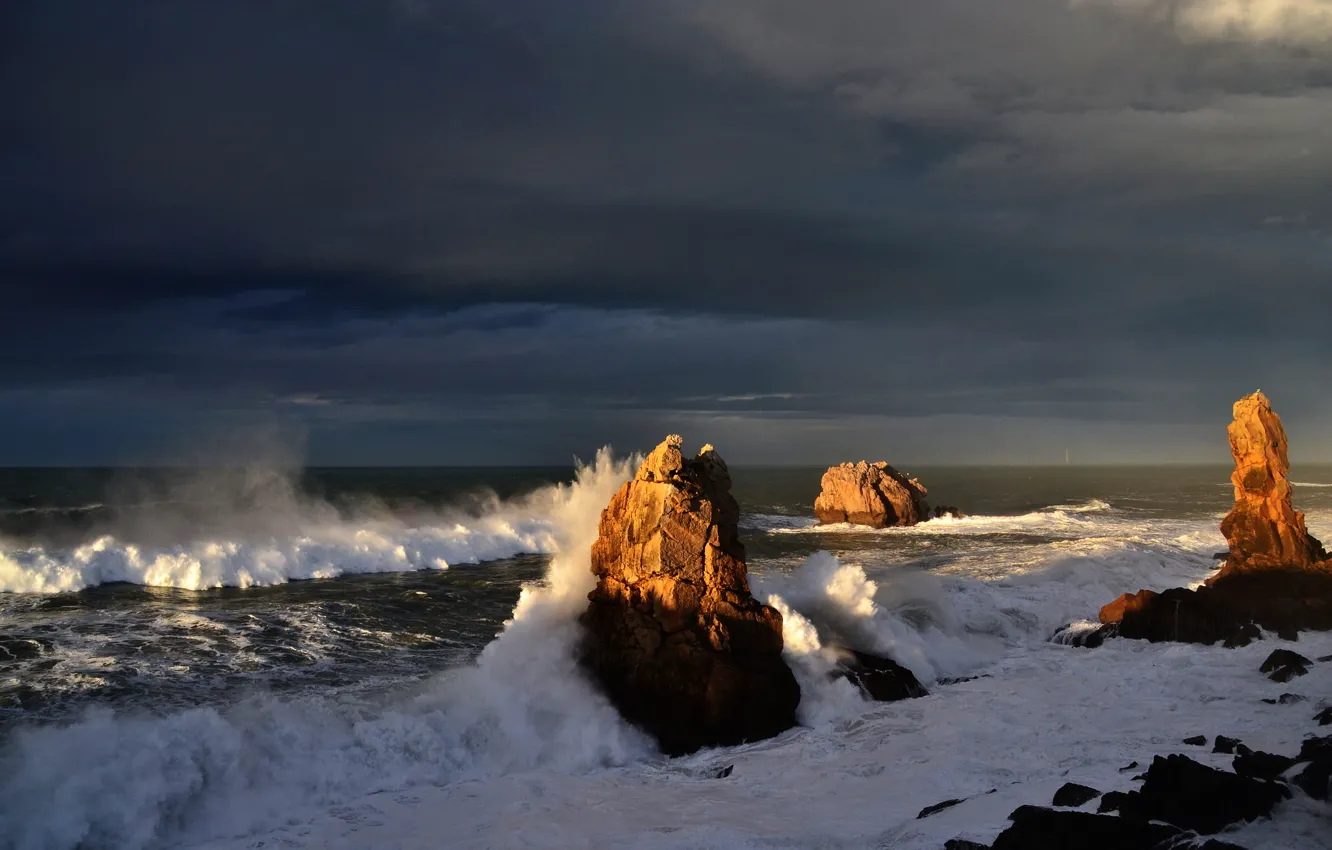 Photo wallpaper sea, wave, the sky, squirt, clouds, storm, rocks