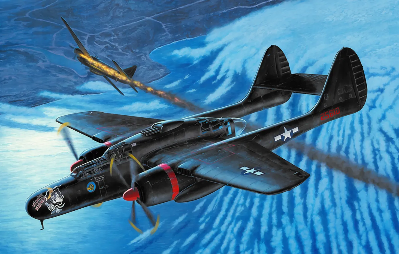 Photo wallpaper art, painting, aviation, WW2, P-61 Black Widow, WAR
