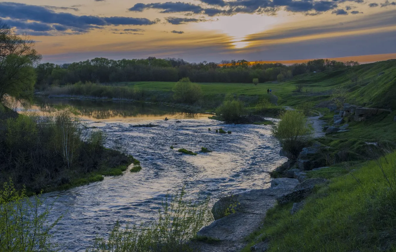 Photo wallpaper river, hills, shore, for
