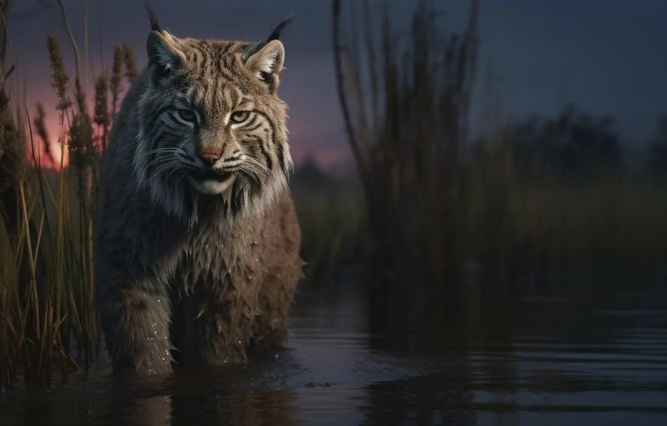 Photo wallpaper look, water, dawn, predator, reed, lynx, front, big cat