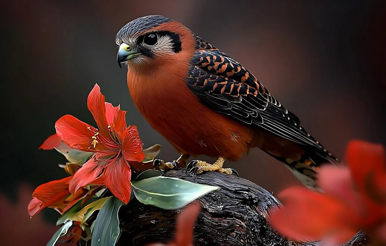 Photo wallpaper flowers, bird, bright color, Generated by AI