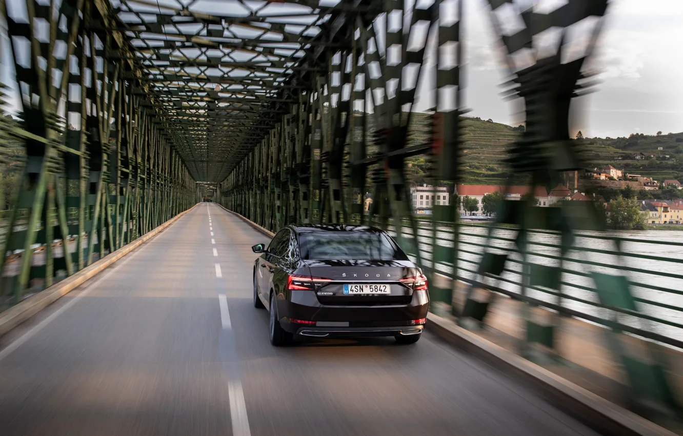 Photo wallpaper bridge, speed, sedan, Skoda, Skoda, four-door, Superb, 2020