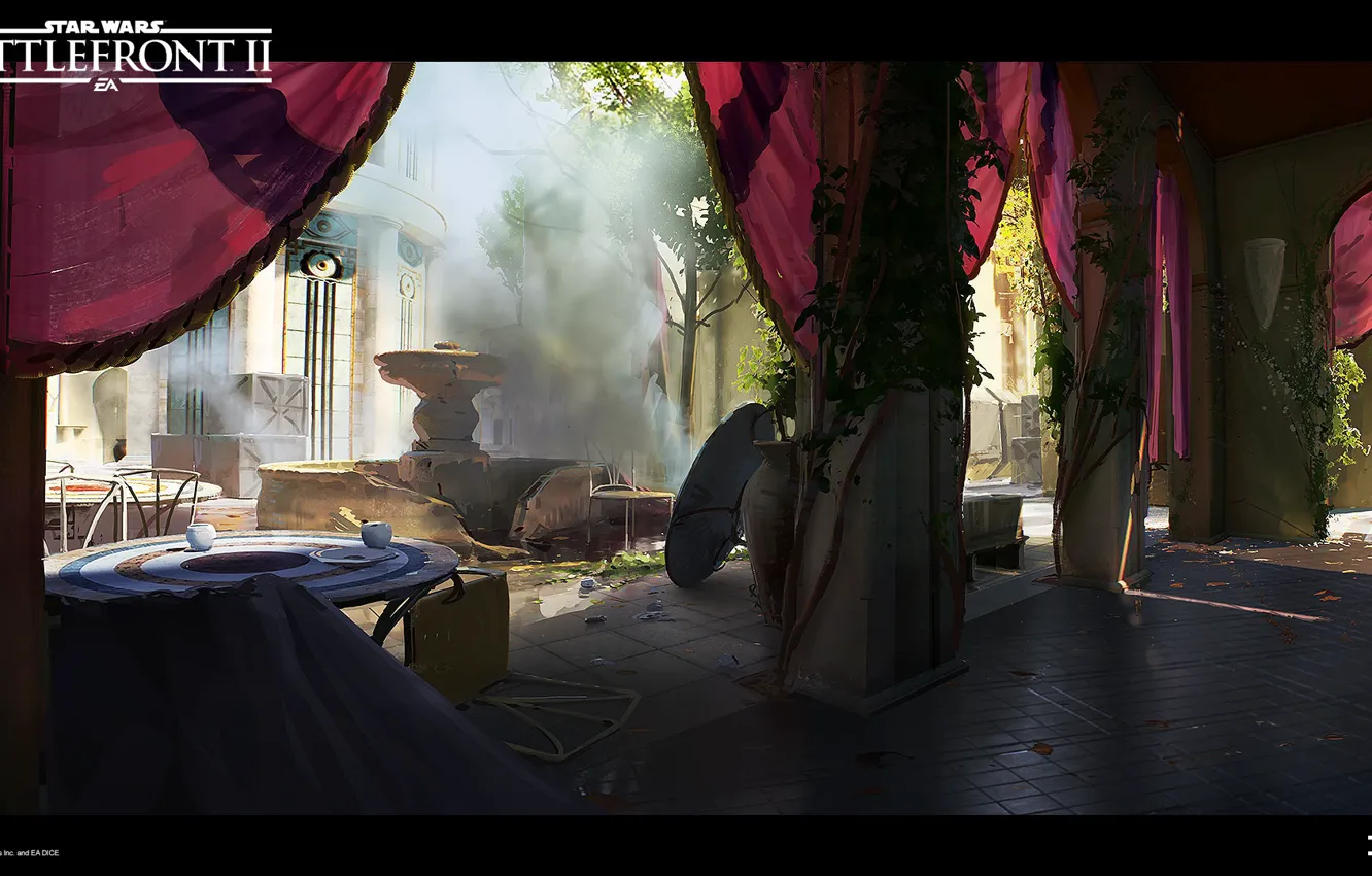Photo wallpaper columns, fountain, the room, Star Wars Battlefront II, Theed City