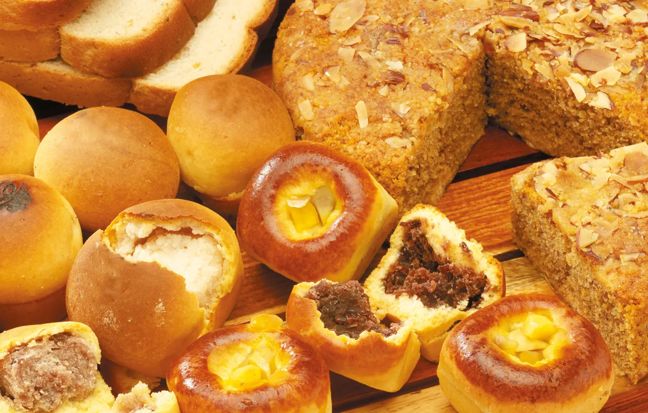 Photo wallpaper table, bread, pie, nuts, muffin, cakes, filling, buns