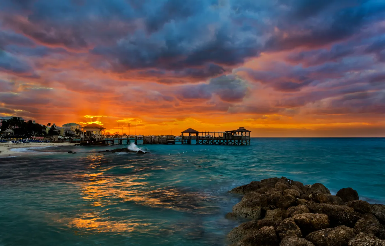 Photo wallpaper sea, beach, tropics, stones, dawn, pier, Bahamas, Nassau
