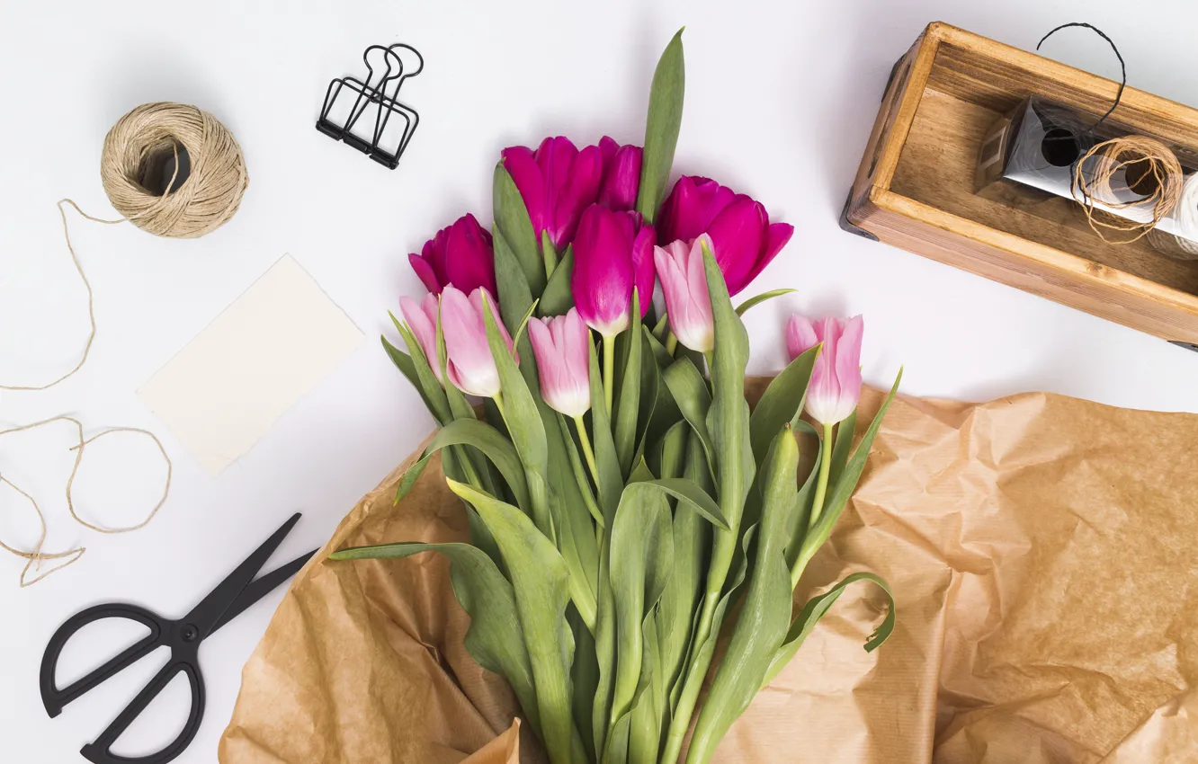 Photo wallpaper flowers, paper, colorful, tulips, pink, wood, pink, flowers