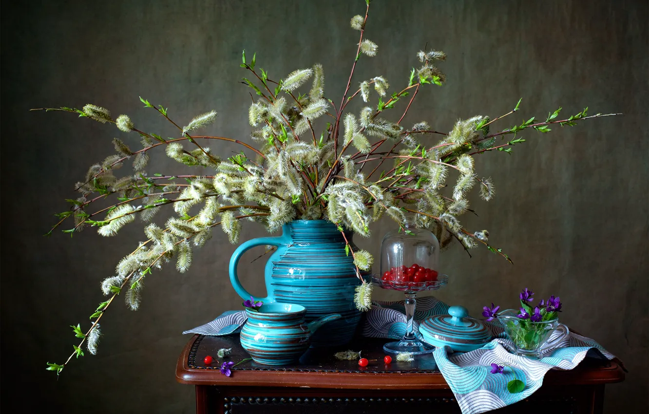Photo wallpaper flowers, branches, cherry, pitcher, still life, table, Verba, napkin