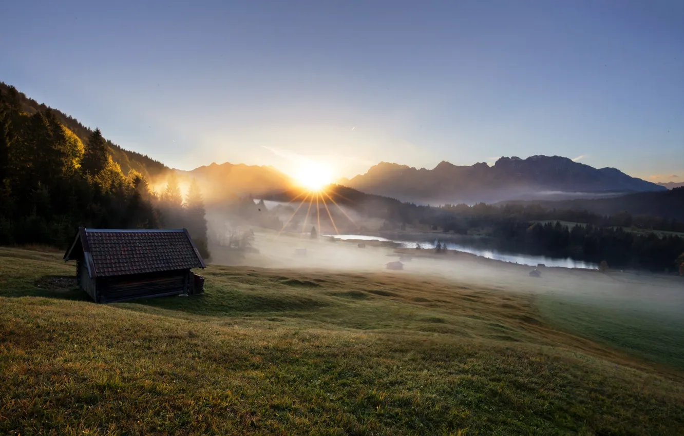 Photo wallpaper field, fog, home, morning