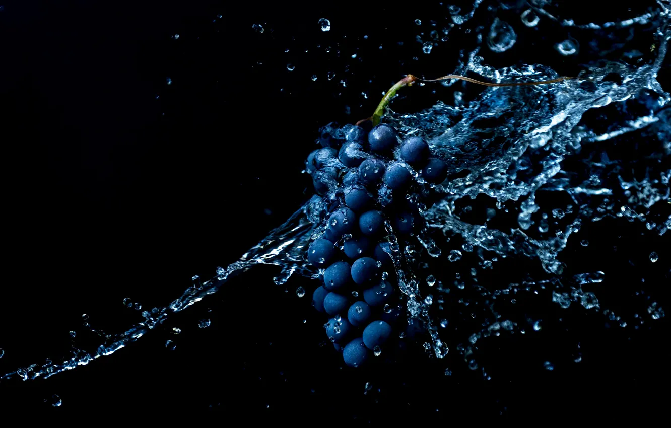 Photo wallpaper water, drops, squirt, blue, splash, grapes, black background, fly