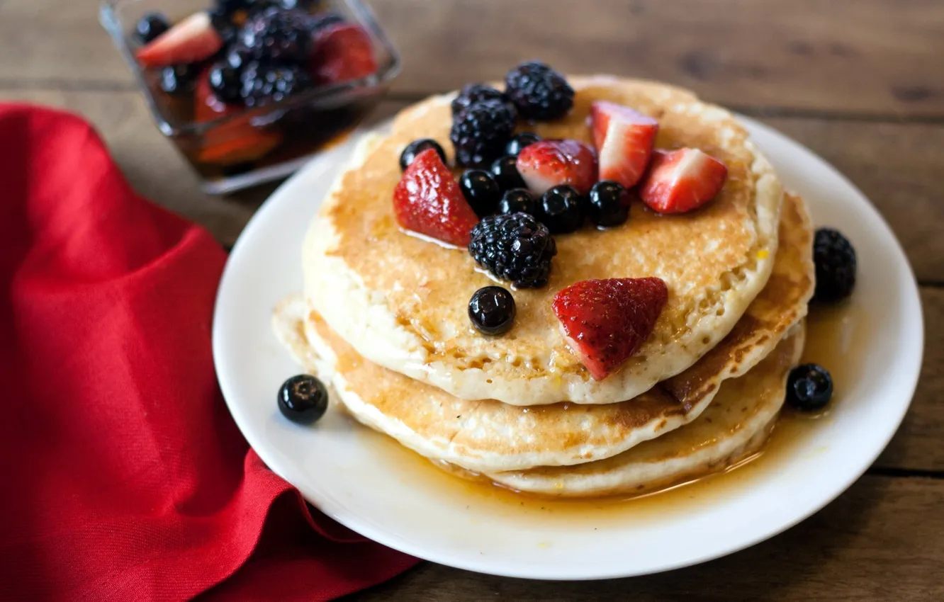 Photo wallpaper berries, food, Breakfast, strawberry, honey, pancakes, currants, wood