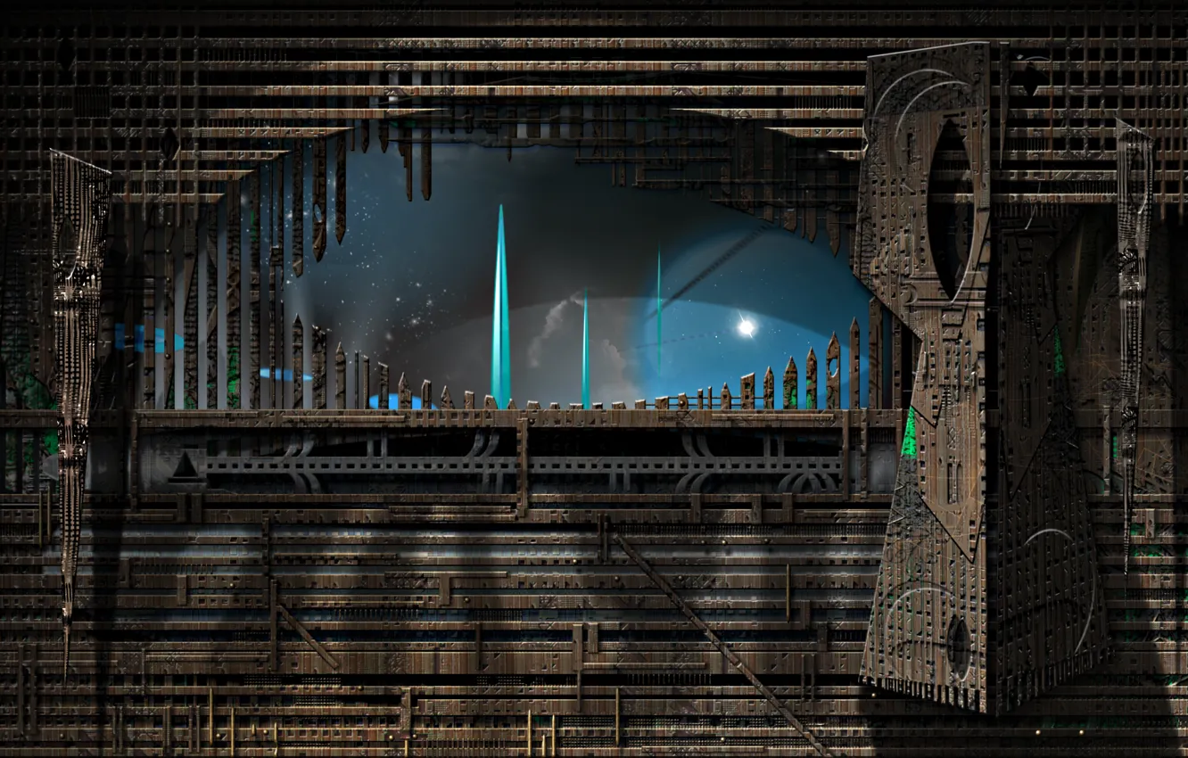 Photo wallpaper the sky, stars, tower, wooden past