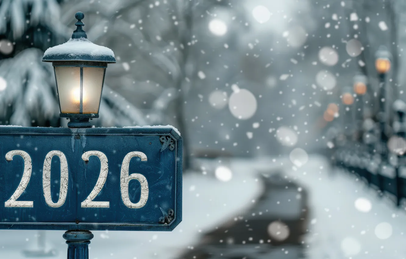 Photo wallpaper winter, snow, New Year, street lamp, 2026 Year