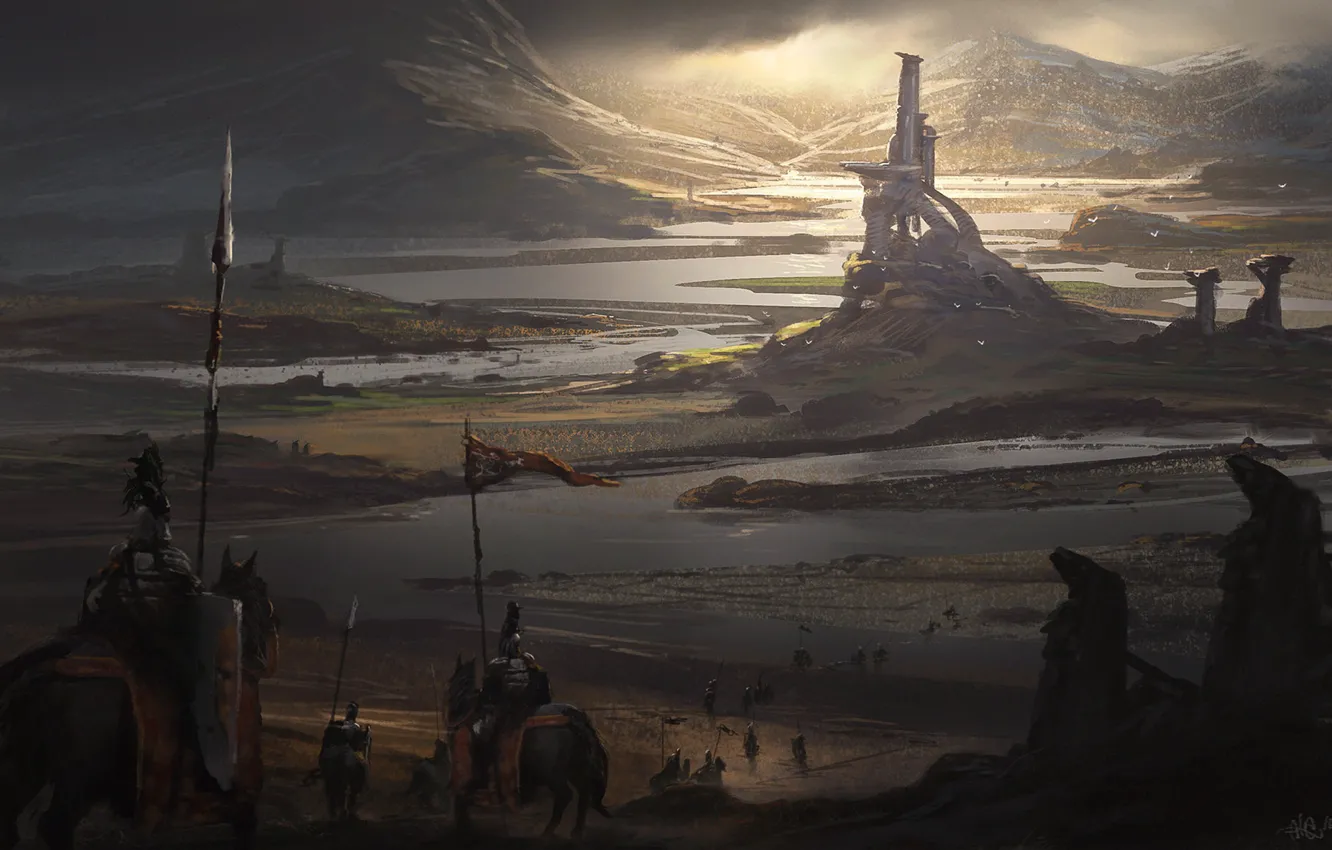 Photo wallpaper Castle, Knights, Fantasy, Landscape, Knight, War, Concept Art, Environments