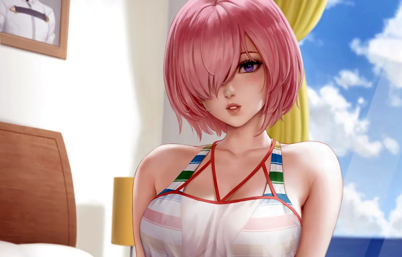 Photo wallpaper girl, sexy, cleavage, blouse, boobs, anime, beautiful, short hair