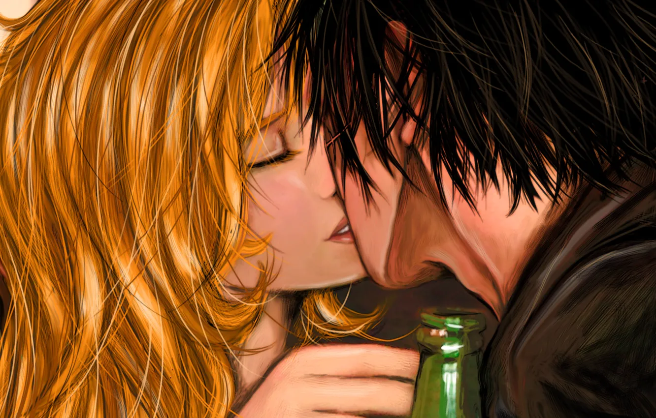 Photo wallpaper girl, love, bottle, beer, kiss, art, pair, guy