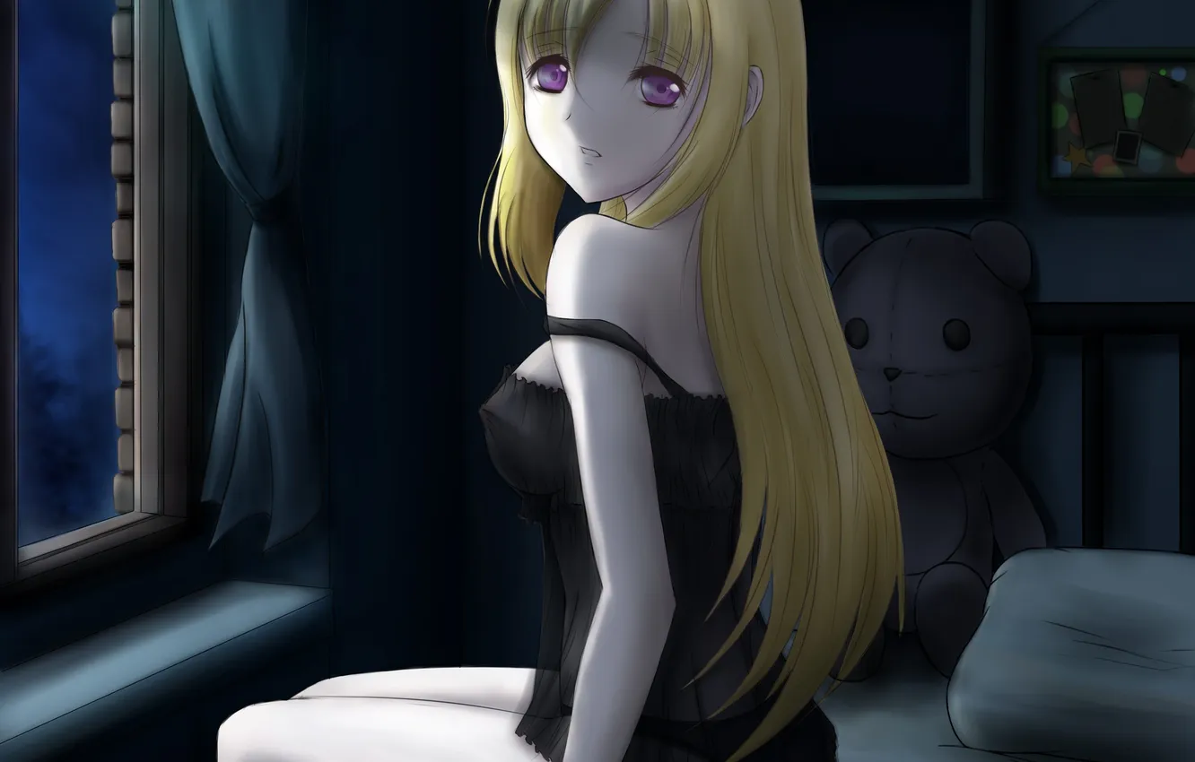 Photo wallpaper look, girl, night, toy, window, bed, art, in fenikkusu