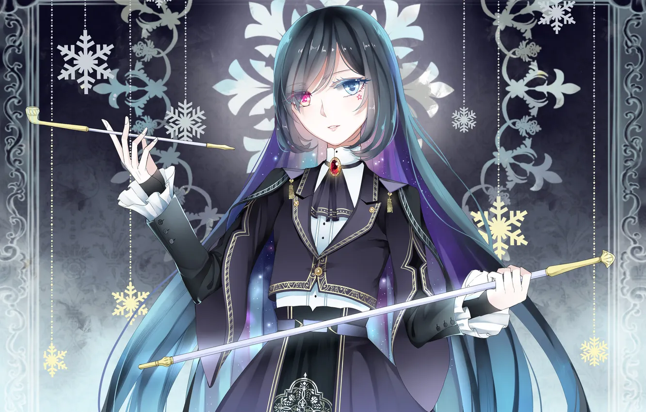 Photo wallpaper girl, snowflakes, pattern, tube, pointer, different eyes