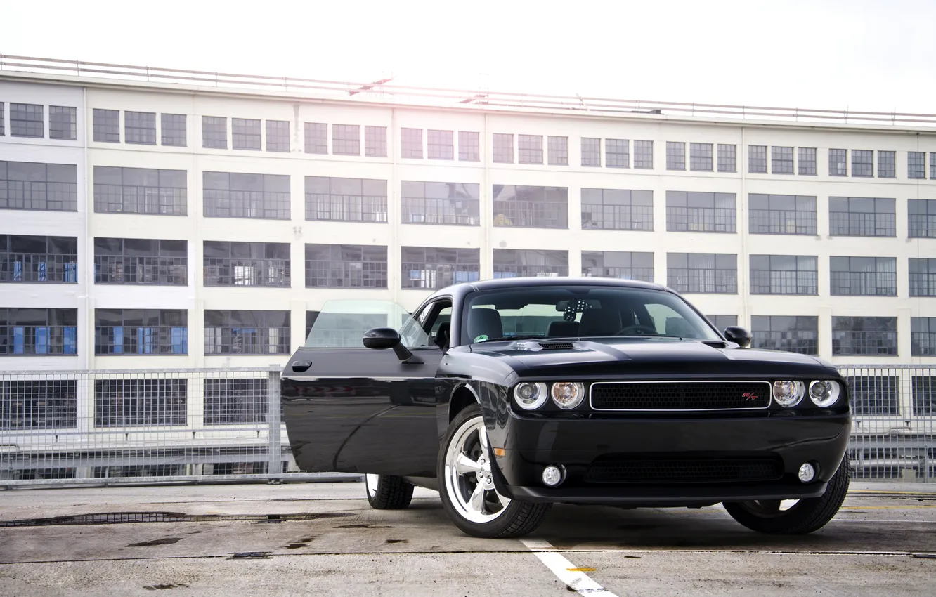 Photo wallpaper glare, cubes, black, building, Dodge, Challenger, muscle car, black