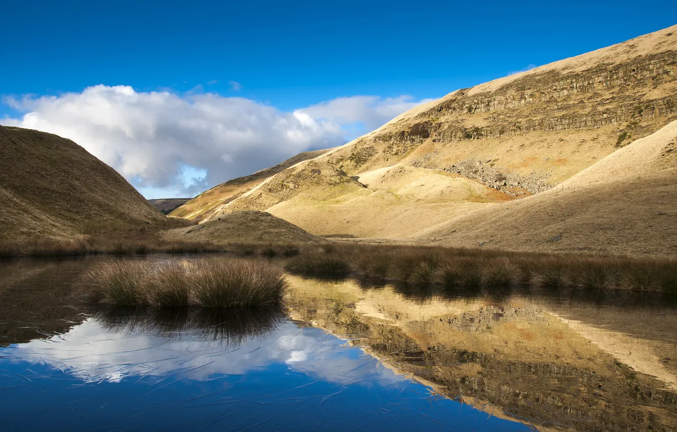 Photo wallpaper grass, lake, reflection, hills, thin ice