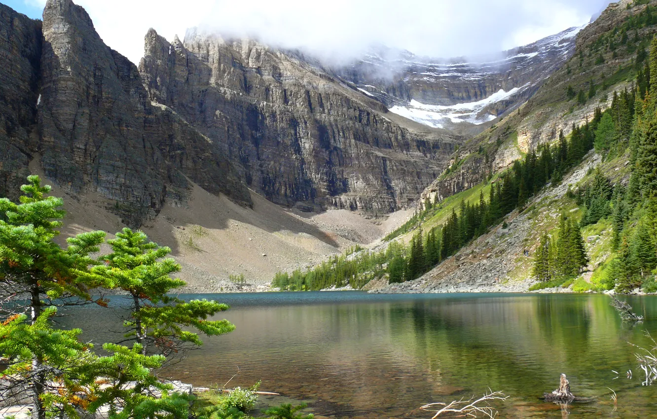 Photo wallpaper clouds, trees, mountains, lake, stones, shore, Banff National Park, Alberta