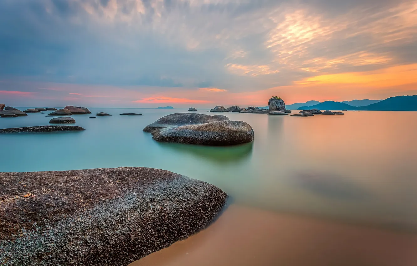 Photo wallpaper sea, the sky, clouds, sunset, stones, rocks