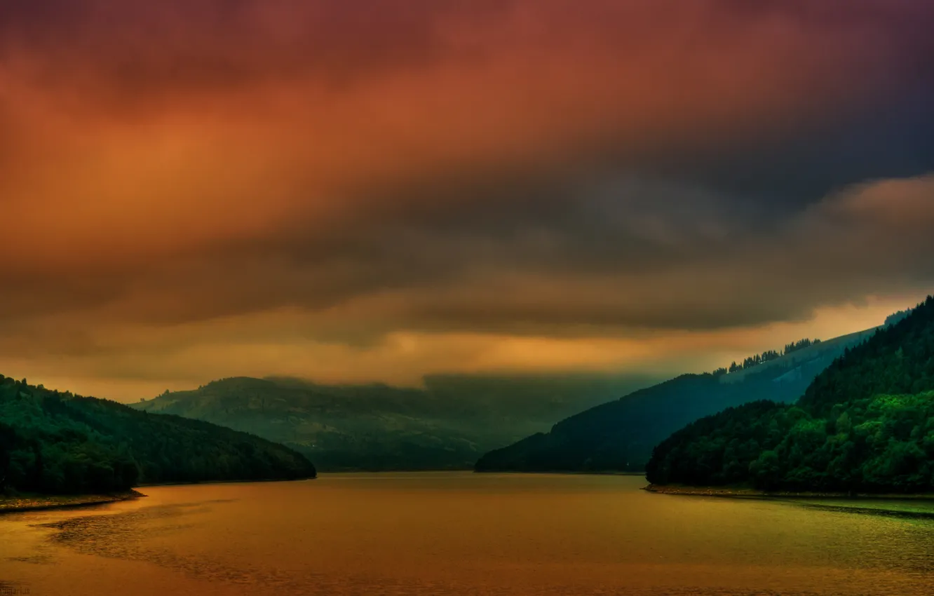 Photo wallpaper red, fog, lake