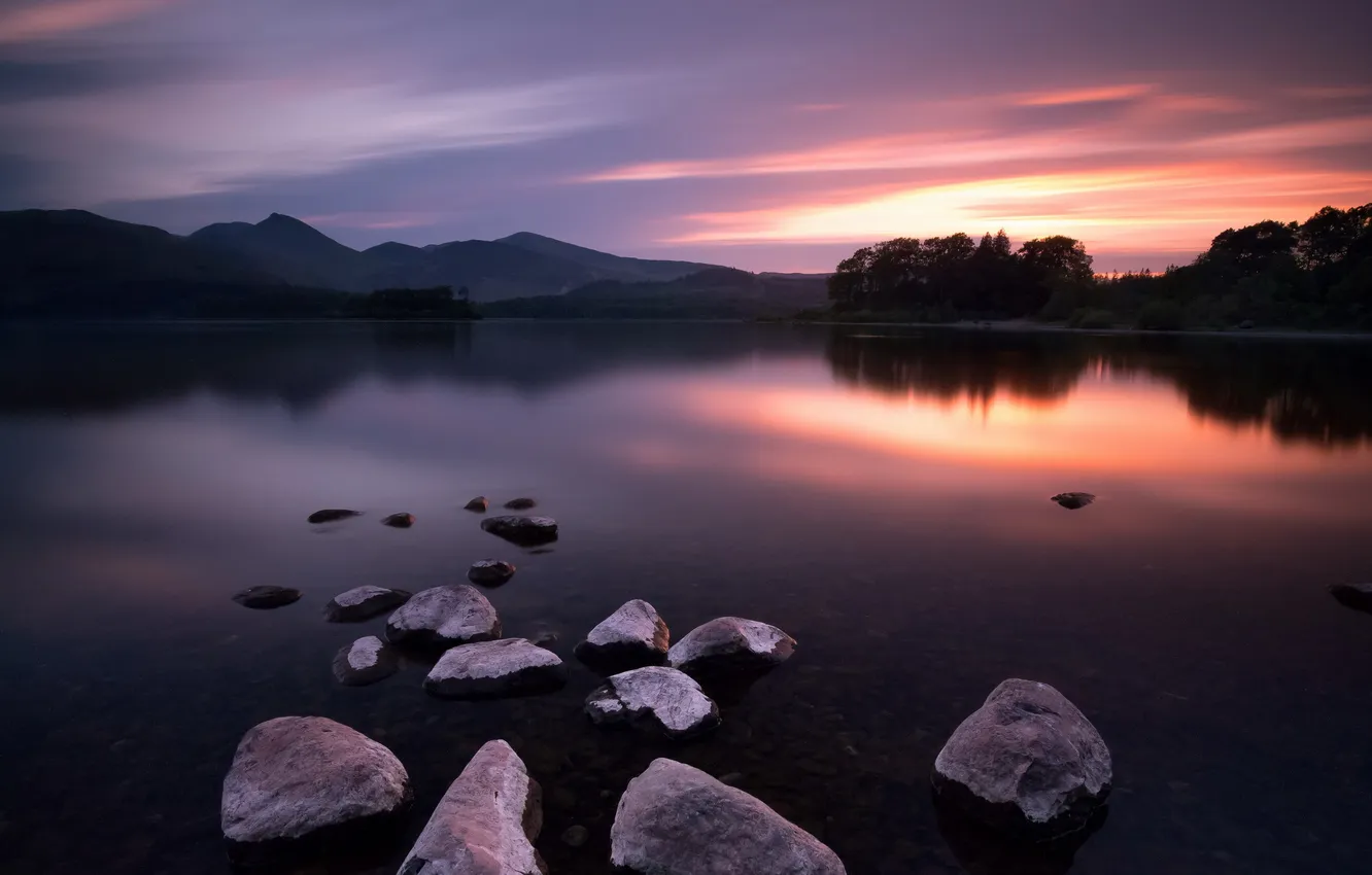Photo wallpaper sunset, lake, stones