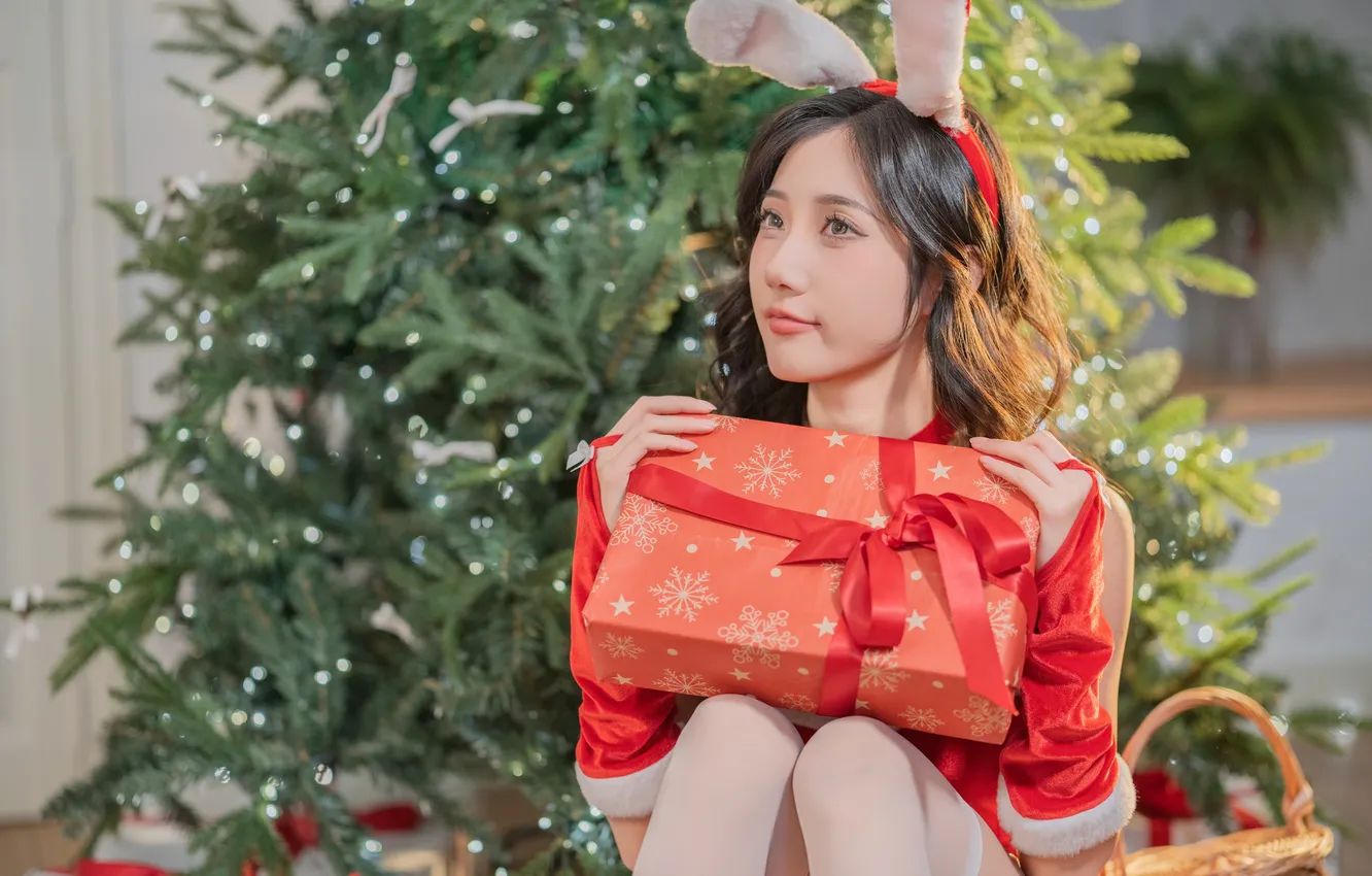 Photo wallpaper Christmas, woman, animal ears, smile, beautiful, tree, model, pretty