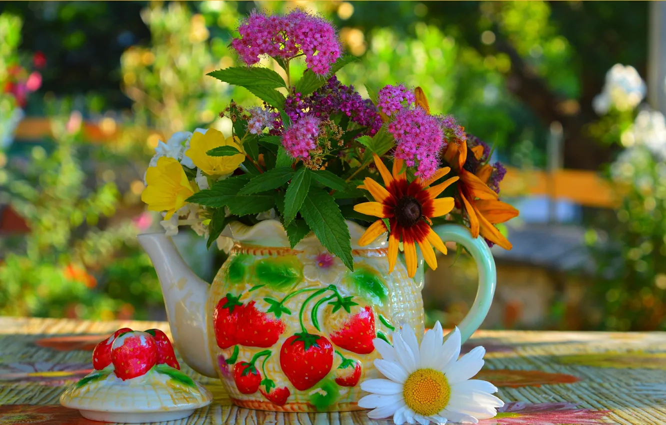 Photo wallpaper flowers, bouquet, colors, kettle, flowers, bouquet
