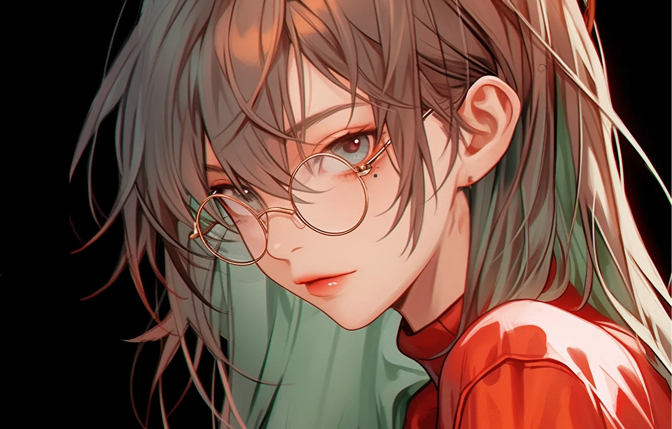 Photo wallpaper face, mole, black background, blue eyes, grey hair, glasses, red jacket, portrait of a girl