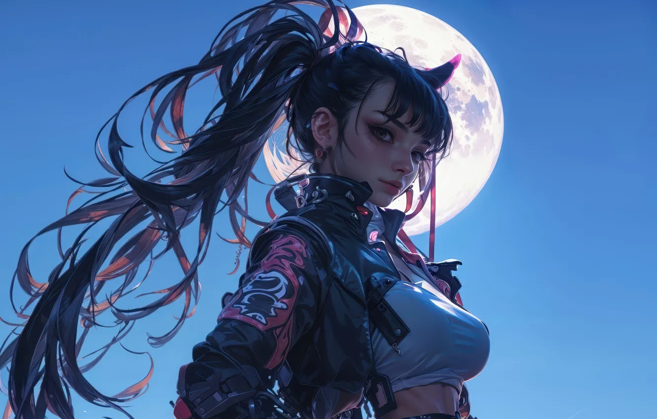 Photo wallpaper girl, moon, anime girl, Cyberpunk, AI Art, AI Generated