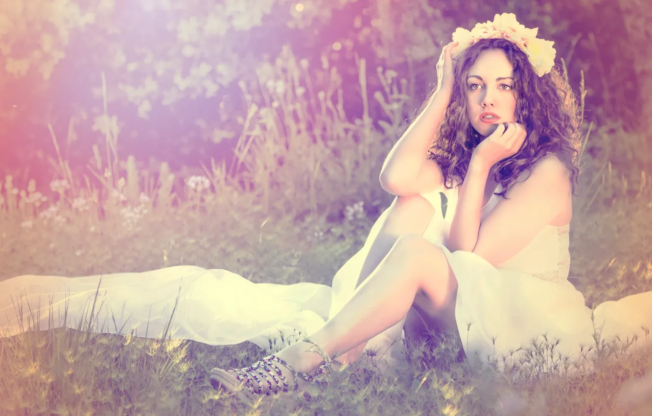 Photo wallpaper grass, look, girl, face, pose, feet, hands, dress