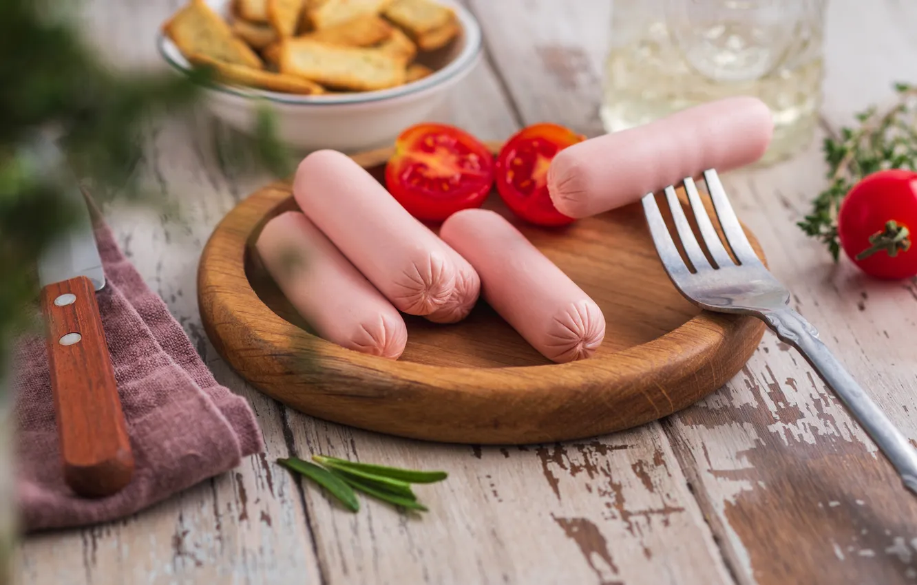 Photo wallpaper plate, fork, sausage