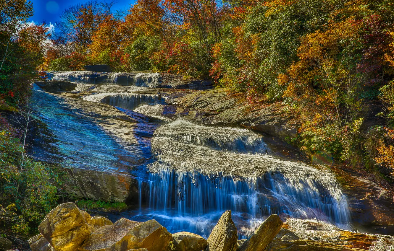 Photo wallpaper autumn, forest, trees, mountains, river, rocks, waterfall, stream