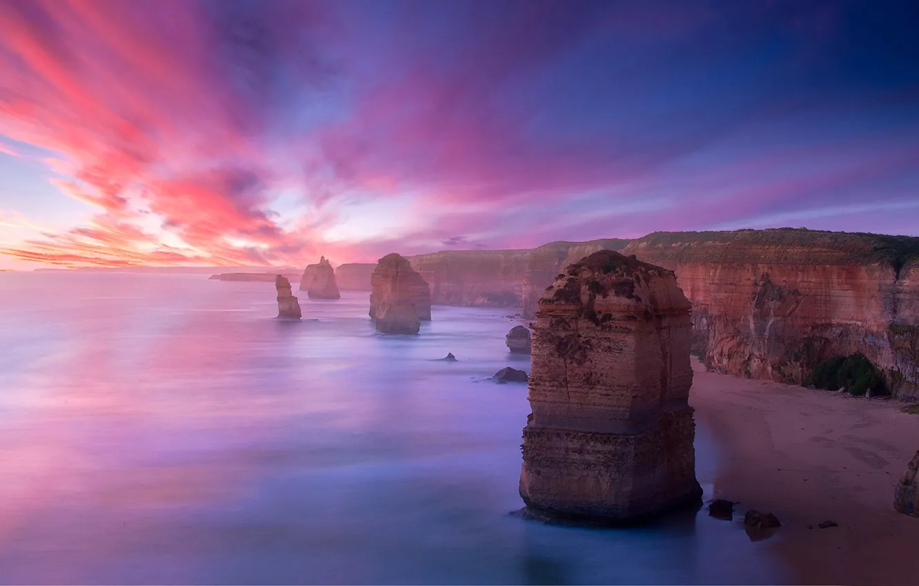 Photo wallpaper STONES, MOUNTAINS, HORIZON, The SKY, SAND, CLOUDS, SUNSET, COAST