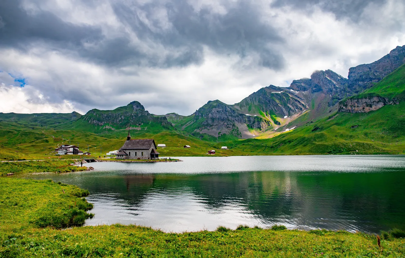 Photo wallpaper mountains, lake, shore, Church