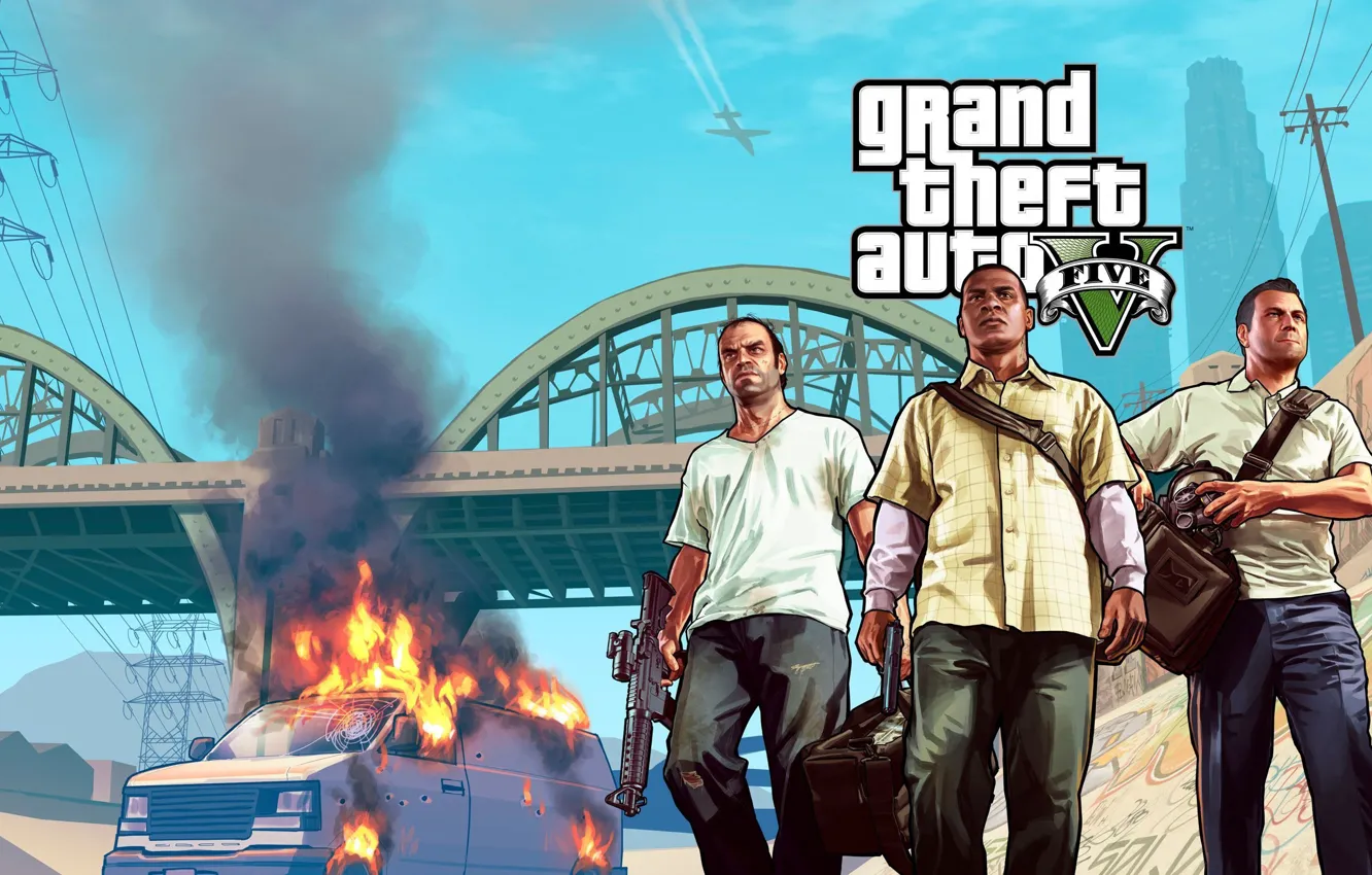 Photo wallpaper bridge, the bandits, van, Michael, Michael, the robbers, Grand Theft Auto V, gta5