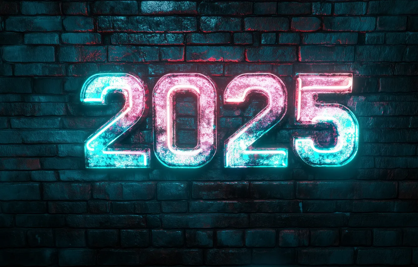 Photo wallpaper the dark background, wall, new year, glow, brick, figures, date, 2025