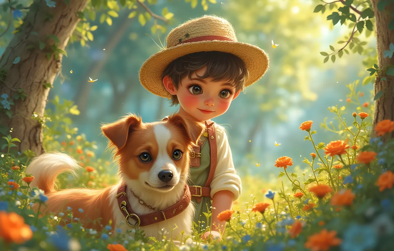 Photo wallpaper flowers, nature, Park, dog, hat, boy, puppy, AI art