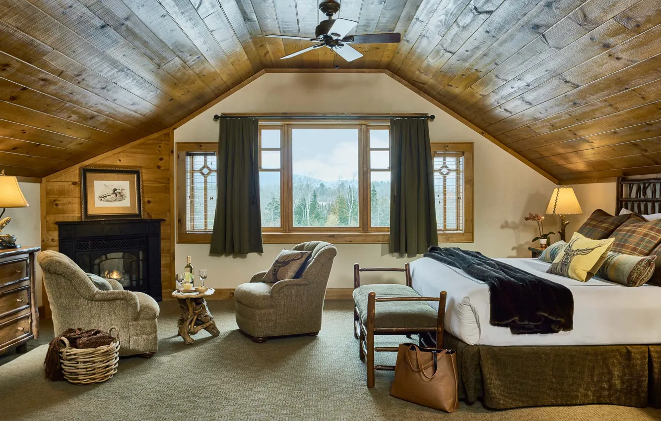 Photo wallpaper comfort, interior, fireplace, bedroom, cozy room, at the Blue River house